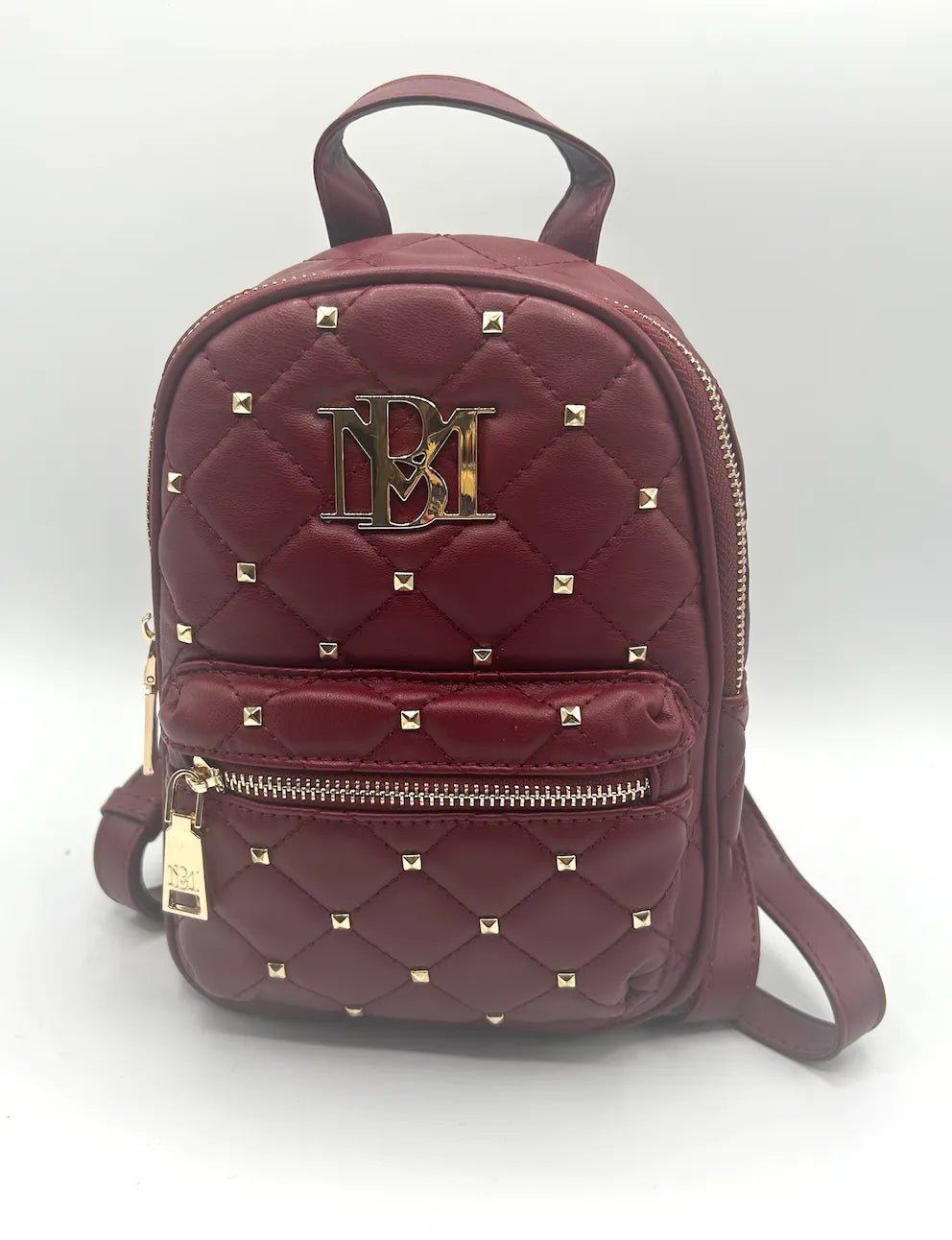 Badgley Mischka Small Studded Backpack Burgundy Gold Diamond Quilted - Primrose Signature Boutique