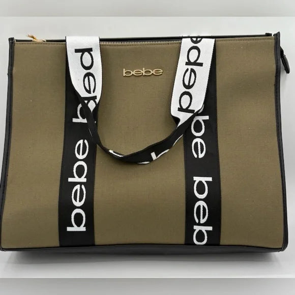 Bebe Army Green Tote with Black and White Logo Straps