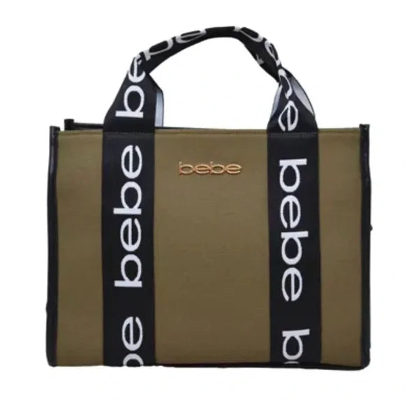 Bebe Army Green Tote with Black and White Logo Straps