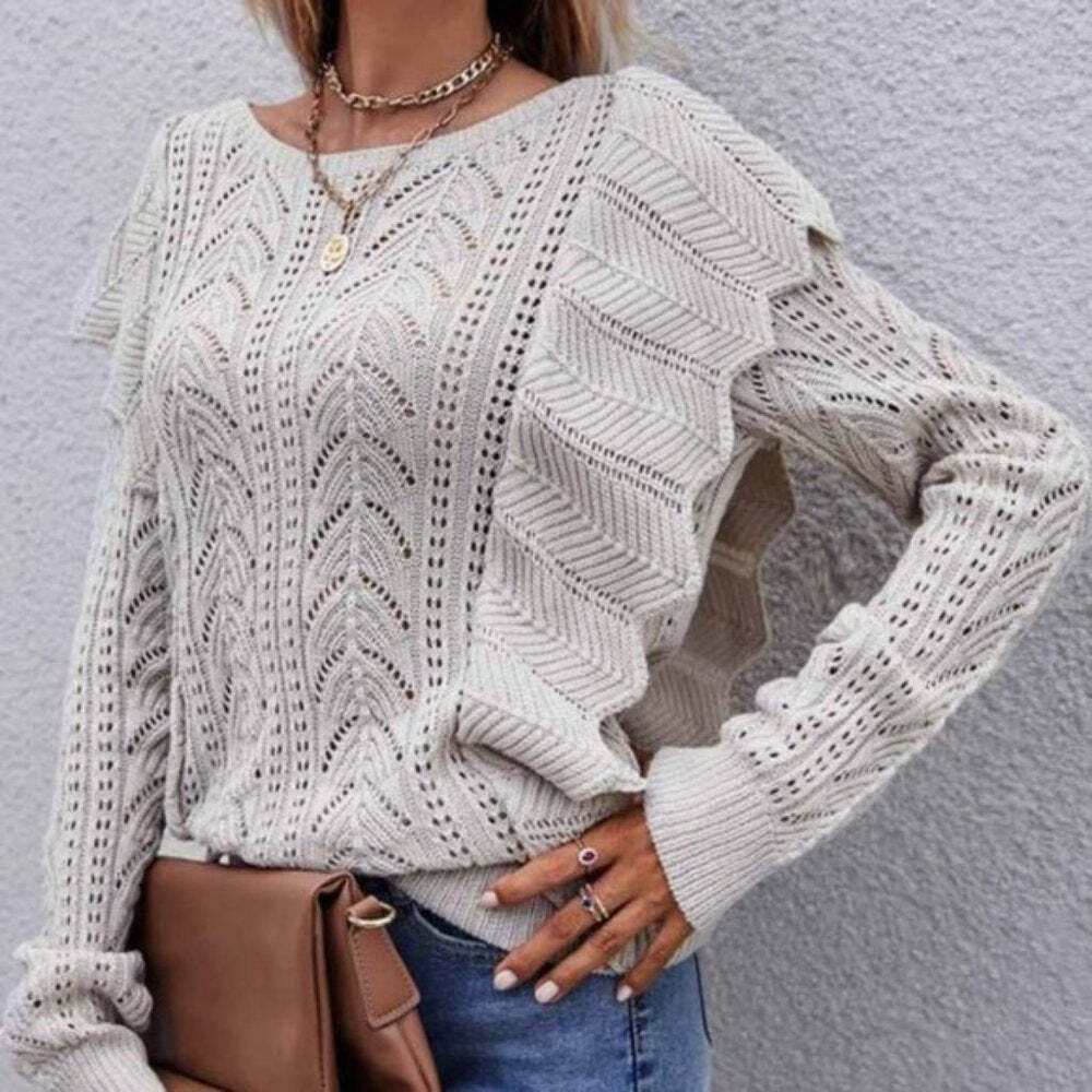 Beige Ruffle Detail Sweater Top - Primrose Signature Boutique