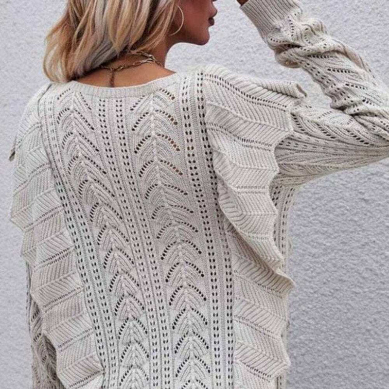 Beige Ruffle Detail Sweater Top-zoom-