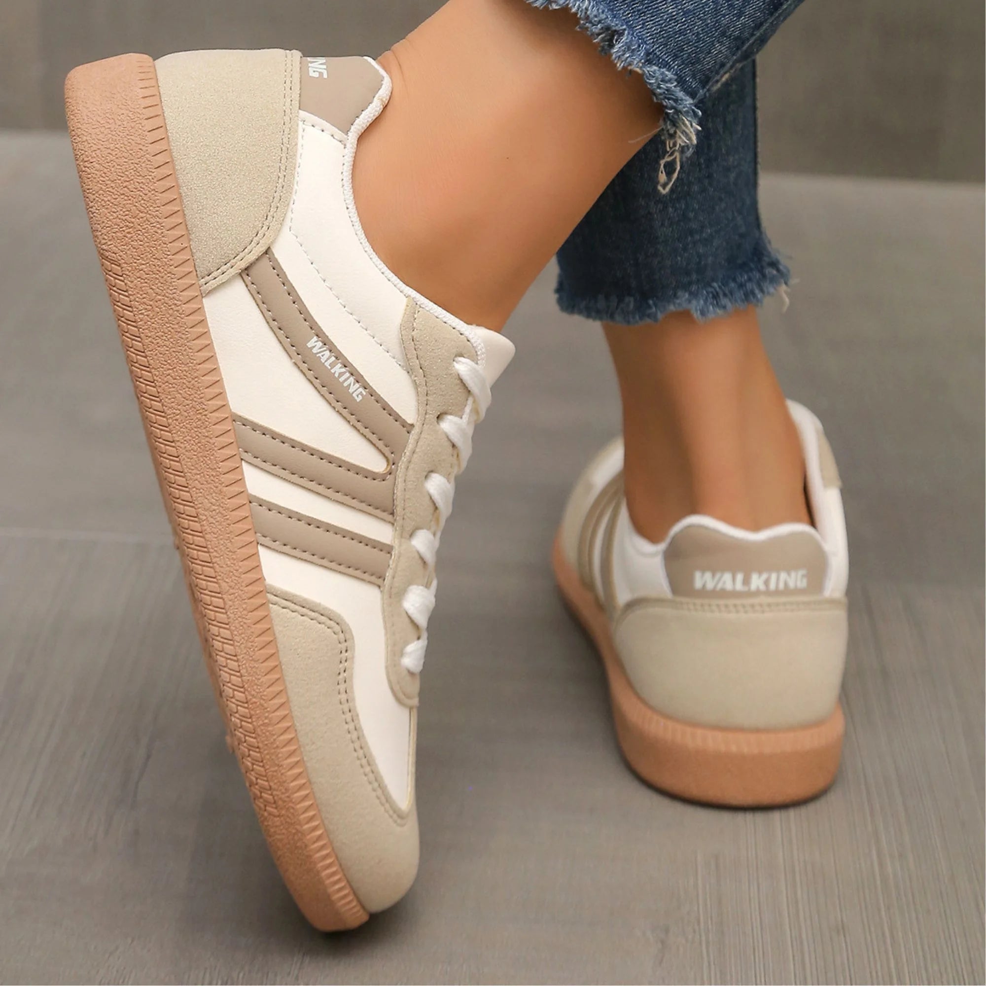 Women's Fashion Beige Sneaker Low Top Lace Up-zoom-2