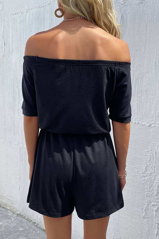Black Off Shoulder Drawstring Romper-zoom-