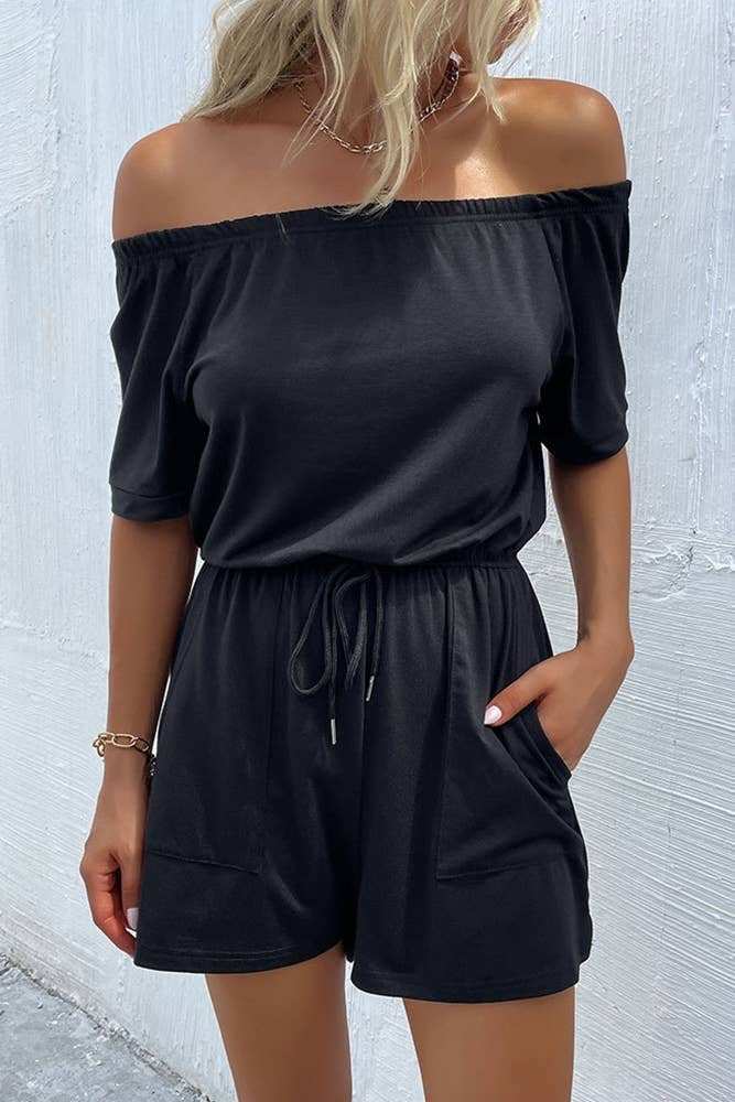Black Off Shoulder Drawstring Romper - Primrose Signature Boutique