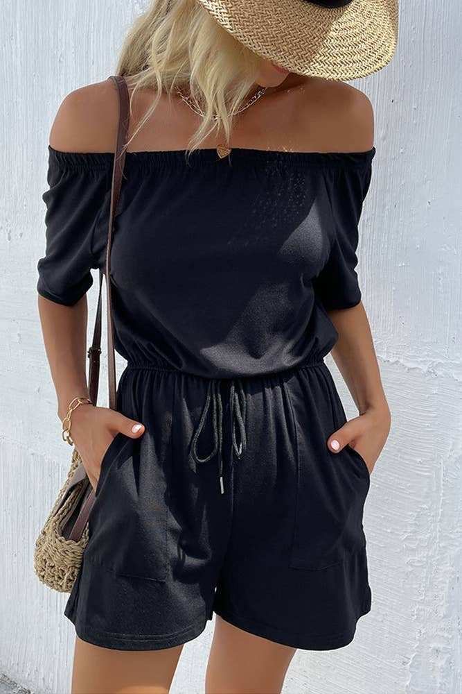 Black Off Shoulder Drawstring Romper-zoom-