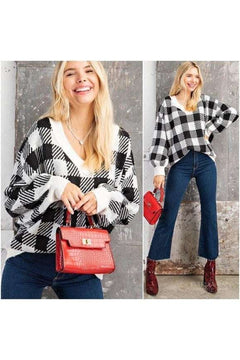 Black & White Plaid Sweater Kori America - Primrose Signature Boutique