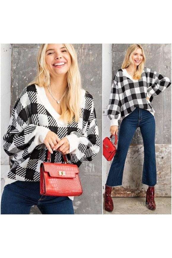 Black & White Plaid Sweater Kori America - Primrose Signature Boutique