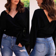 Black Wrap Sweater With Tie Front - Primrose Signature Boutique