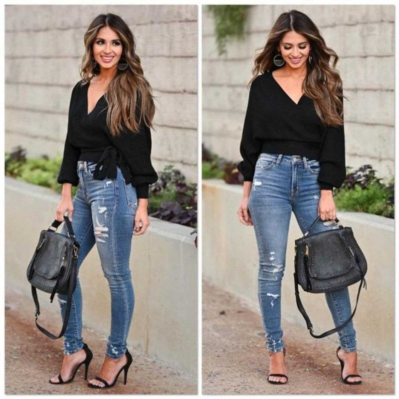 Black Wrap Sweater With Tie Front-zoom-