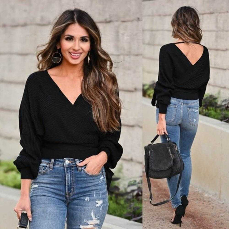 Black Wrap Sweater With Tie Front-zoom-