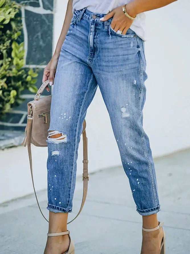 Blue Ripped Washed Stretch Denim Jeans Pants - Primrose Signature Boutique