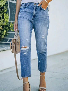 Blue Ripped Washed Stretch Denim Jeans Pants - Primrose Signature Boutique