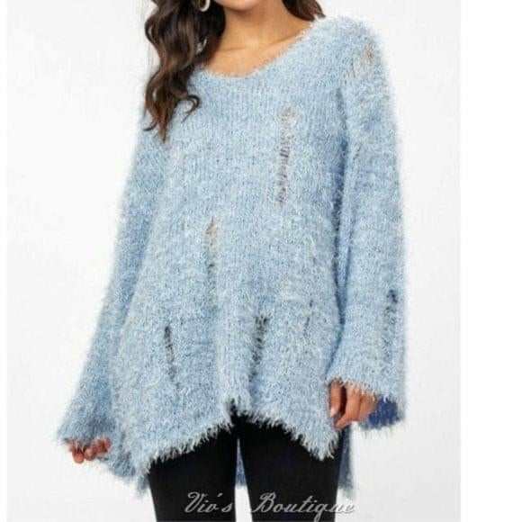 Blue V Neck V Back Distressed Sweater-zoom-