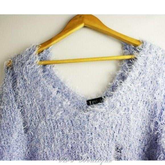 Blue V Neck V Back Distressed Sweater - Primrose Signature Boutique