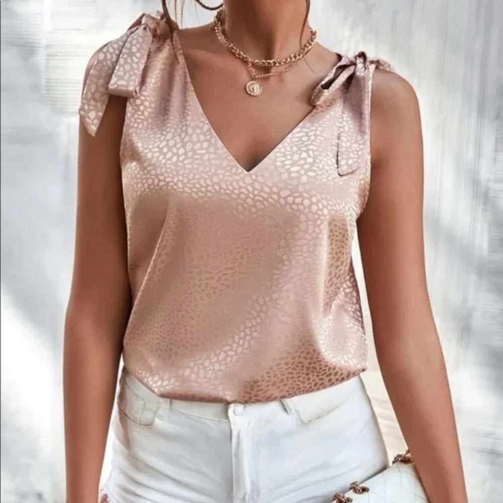 Blush Tie Shoulder Satin Blouse - Primrose Signature Boutique