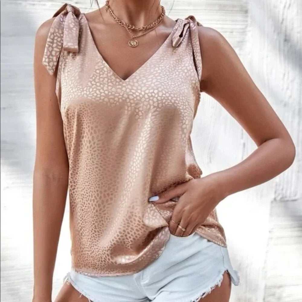 Blush Tie Shoulder Satin Blouse - Primrose Signature Boutique