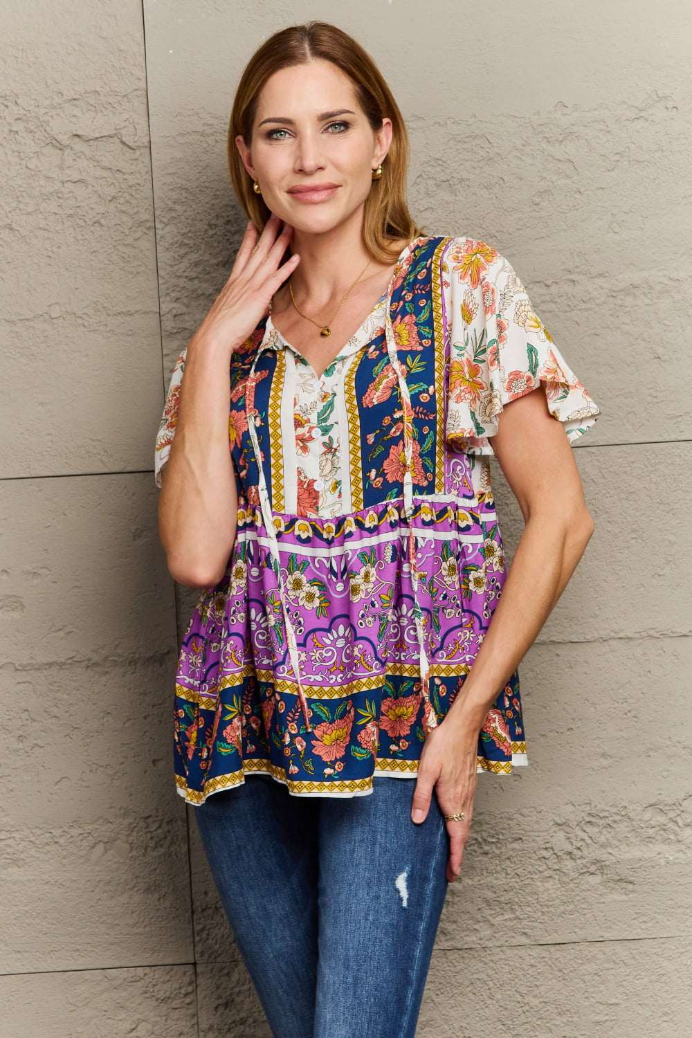 Bohemian Tie - Neck Flutter Sleeve Blouse - Primrose Signature Boutique