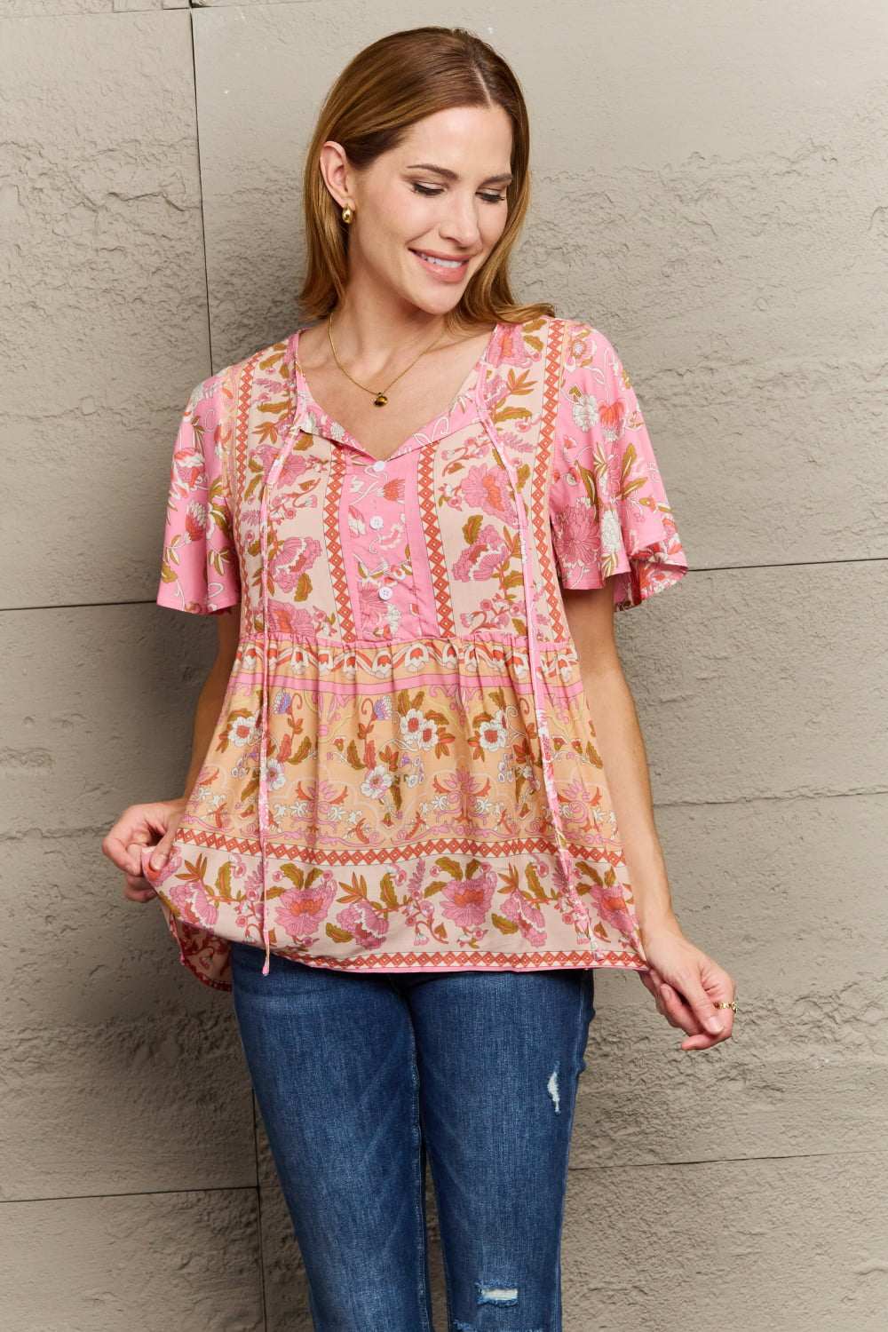 Bohemian Tie - Neck Flutter Sleeve Blouse - Primrose Signature Boutique
