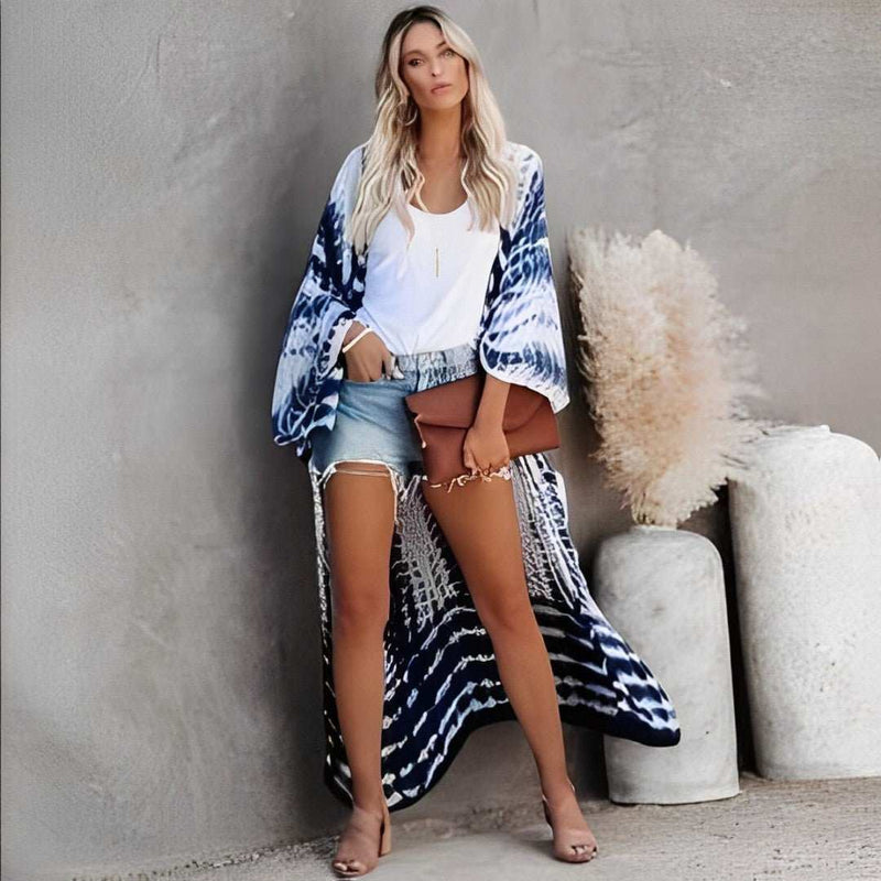 Boho Blue Tie Dye Kimono Duster Coverup-zoom-