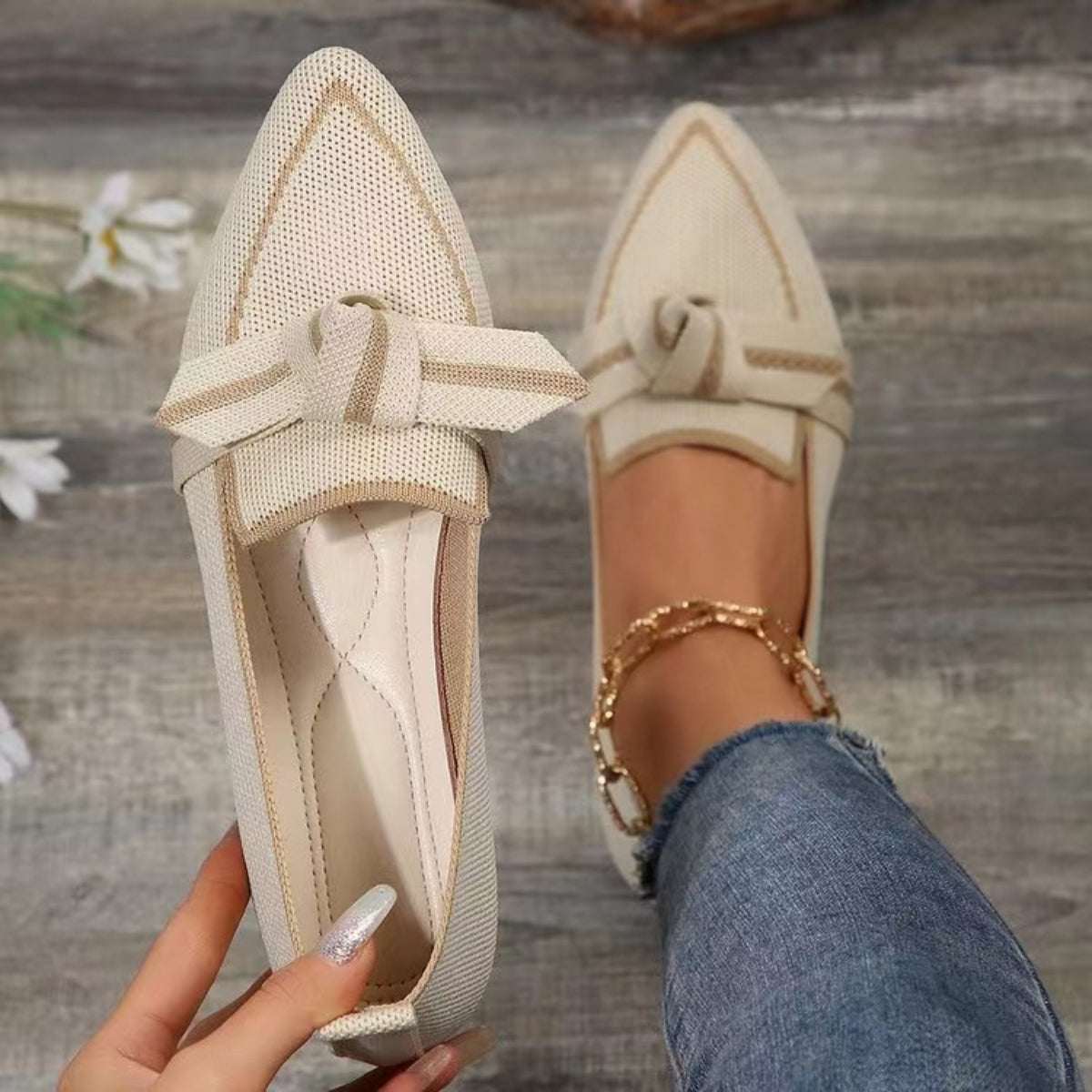 Bow Contrast Trim Point Toe Loafers - Primrose Signature Boutique