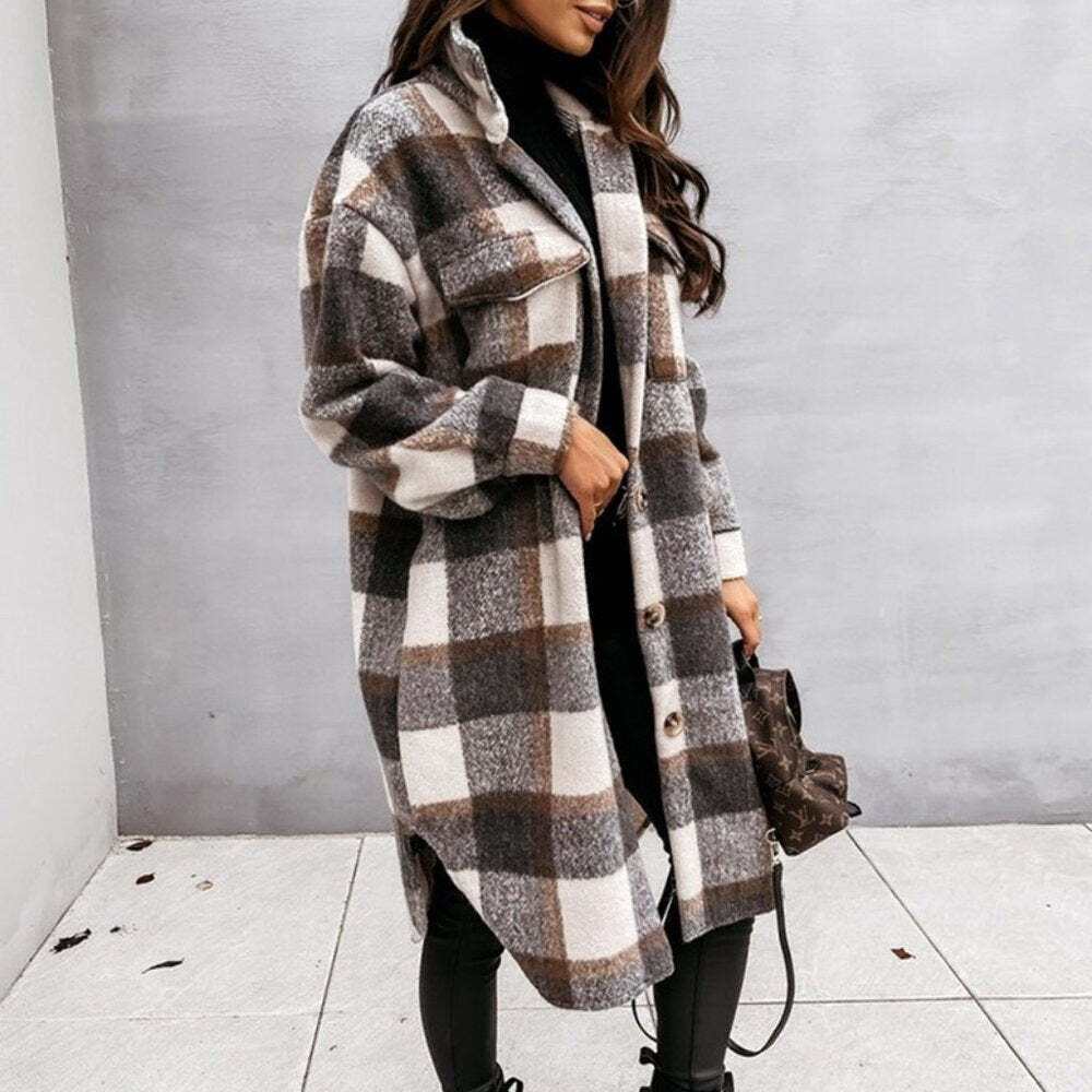Brown/Grey Plaid Button Design Long Sleeve Shacket - Primrose Signature Boutique