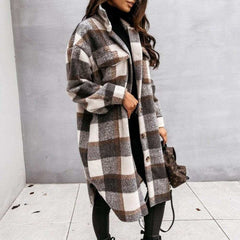 Brown/Grey Plaid Button Design Long Sleeve Shacket - Primrose Signature Boutique