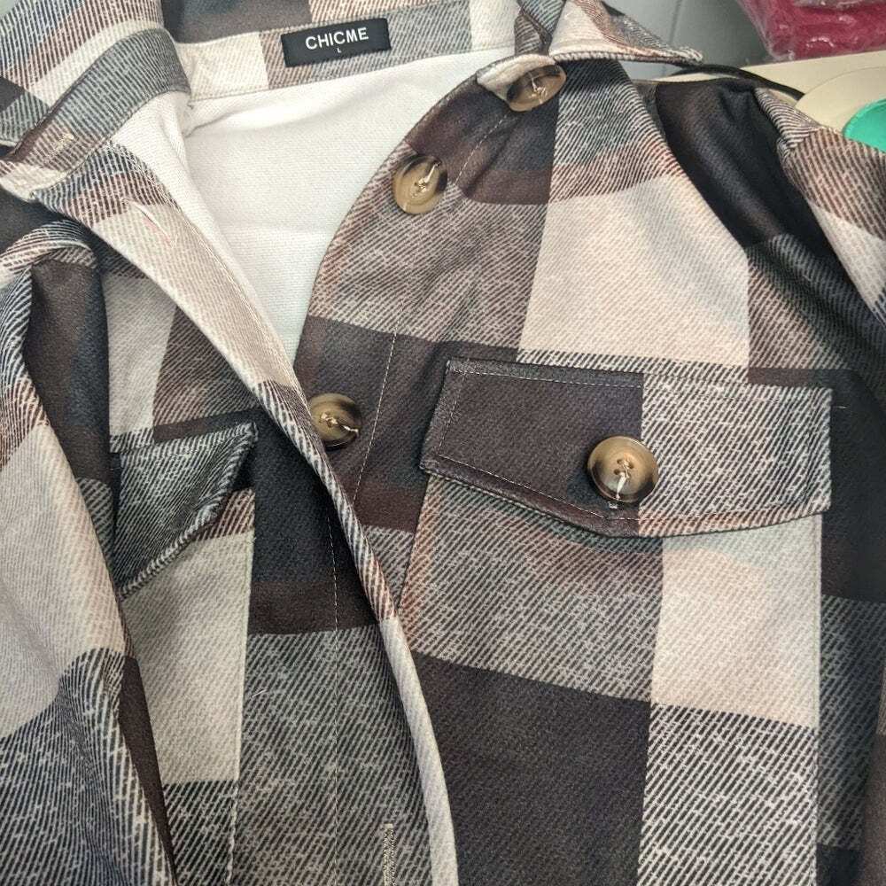 Brown/Grey Plaid Button Design Long Sleeve Shacket - Primrose Signature Boutique