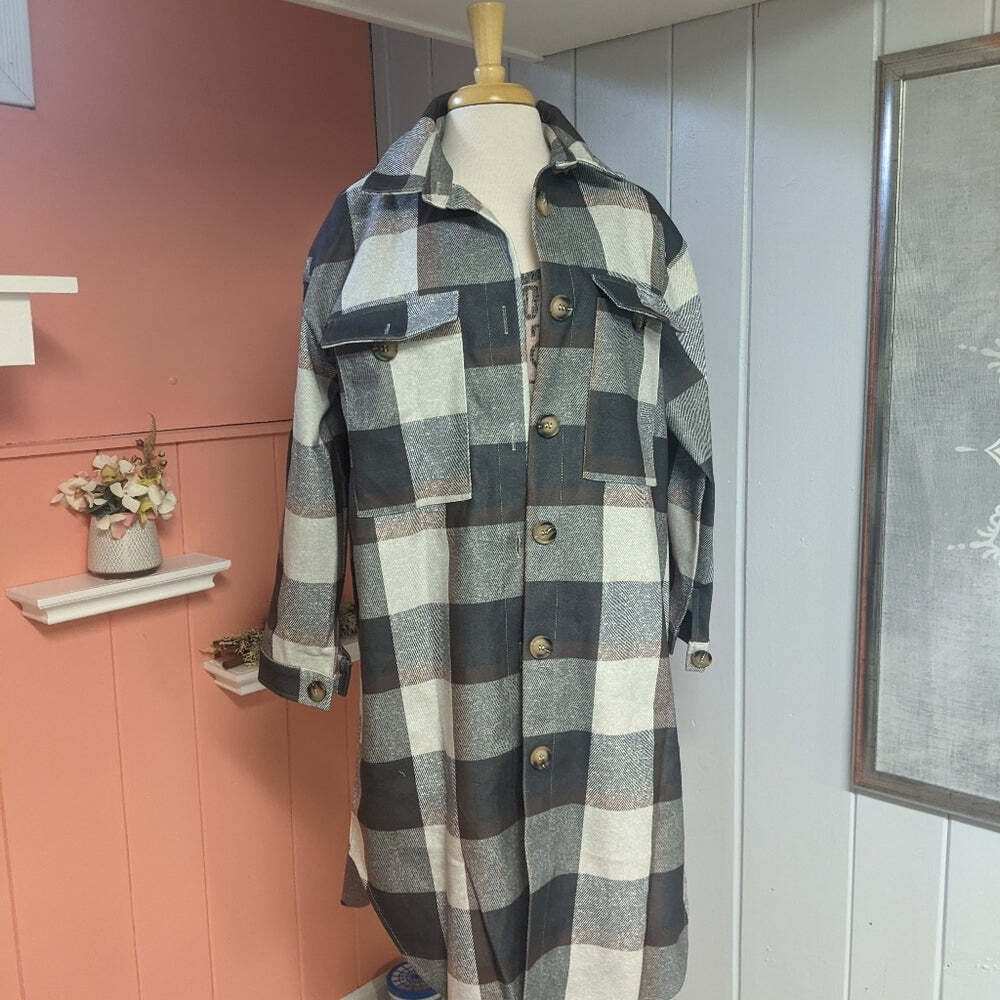 Brown/Grey Plaid Button Design Long Sleeve Shacket - Primrose Signature Boutique