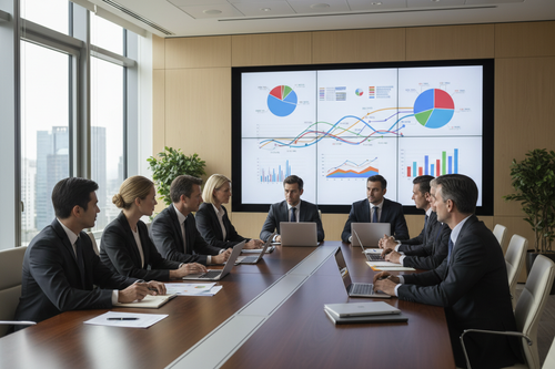 business model described in a meeting with board members working oround a table and graphs on a baord