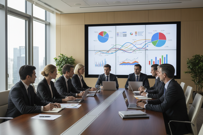 business model described in a meeting with board members working oround a table and graphs on a baord