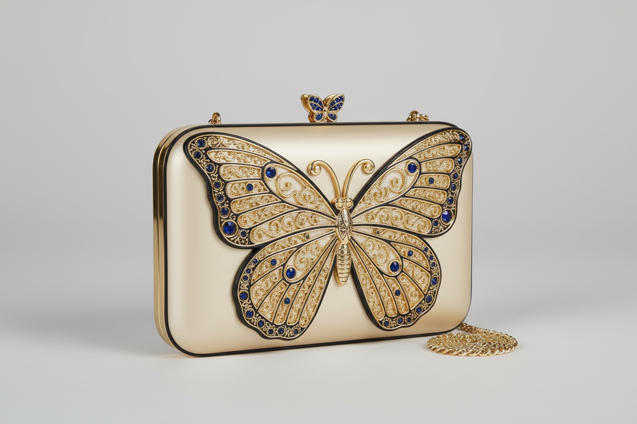 Butterfly image on small purse butterfly is golden in color with black trim and a touch of blue