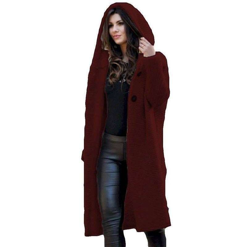 Button Hooded Solid Color Sweater Coat Cardigan - Primrose Signature Boutique