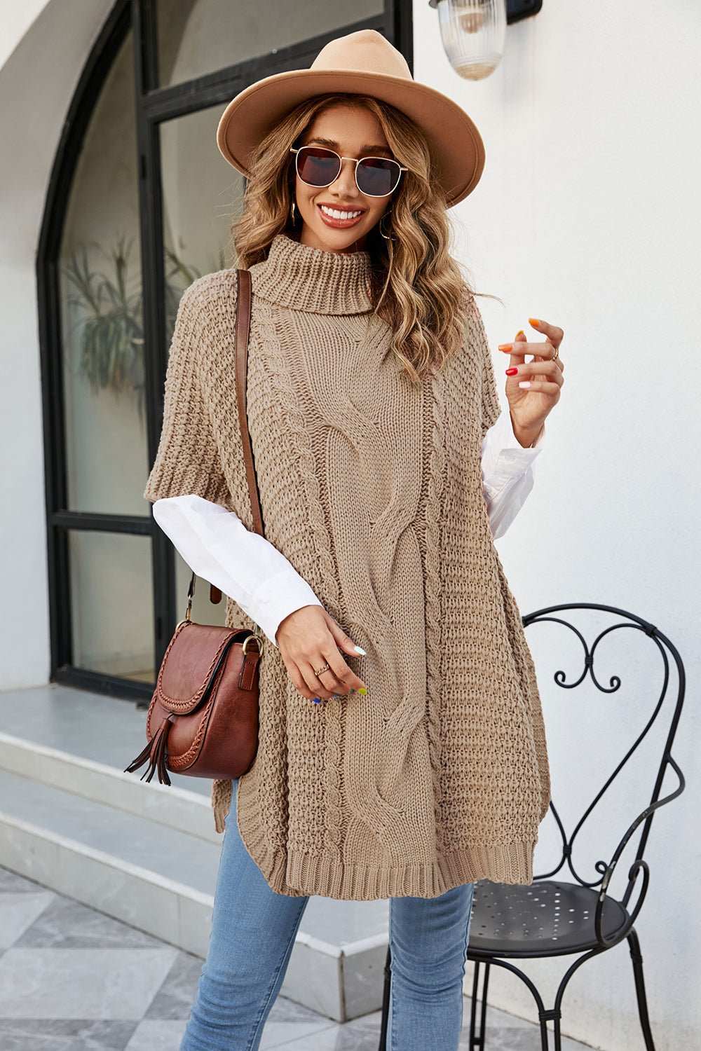 Cable - Knit Turtleneck Slit Sweater - Primrose Signature Boutique