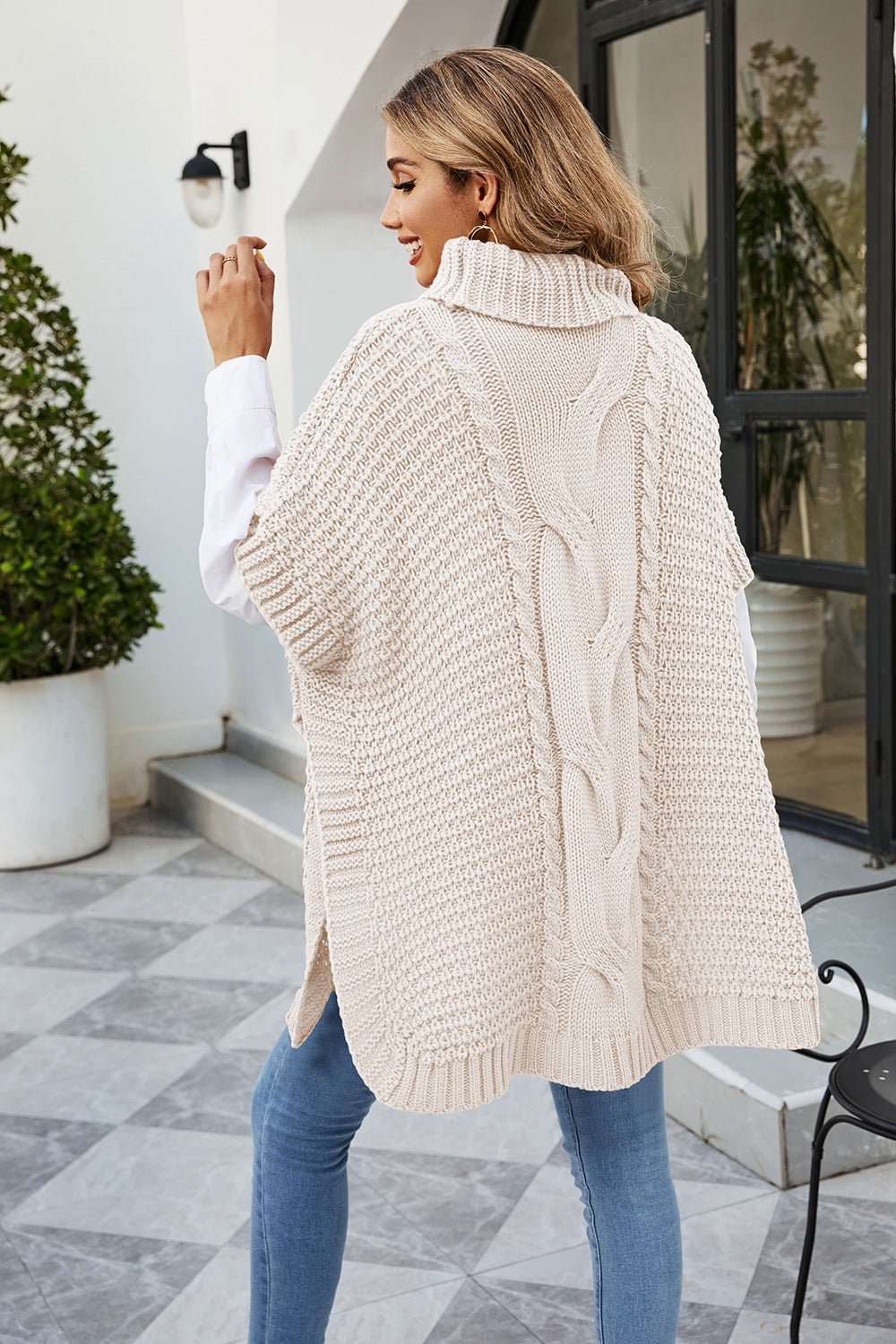 Cable - Knit Turtleneck Slit Sweater - Primrose Signature Boutique