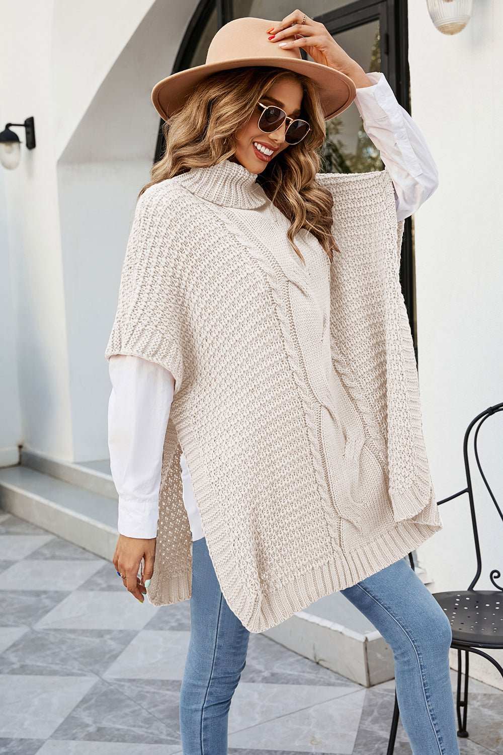 Cable - Knit Turtleneck Slit Sweater - Primrose Signature Boutique
