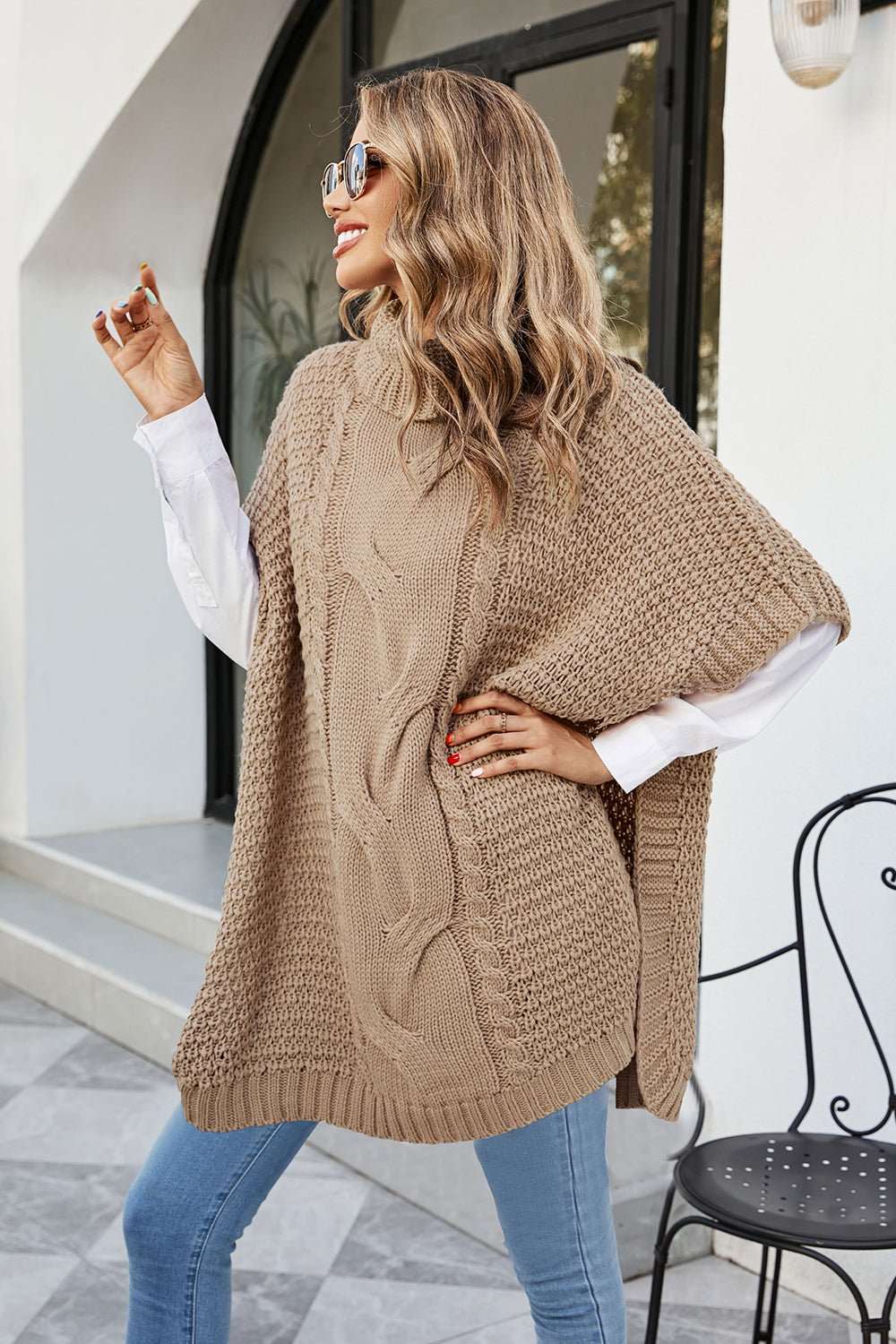 Cable - Knit Turtleneck Slit Sweater - Primrose Signature Boutique