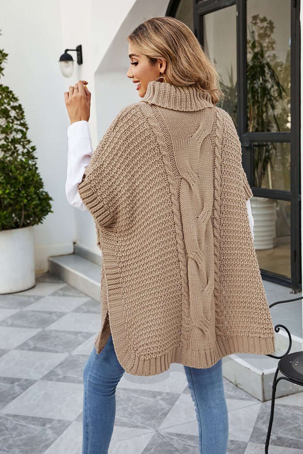 Cable - Knit Turtleneck Slit Sweater - Primrose Signature Boutique