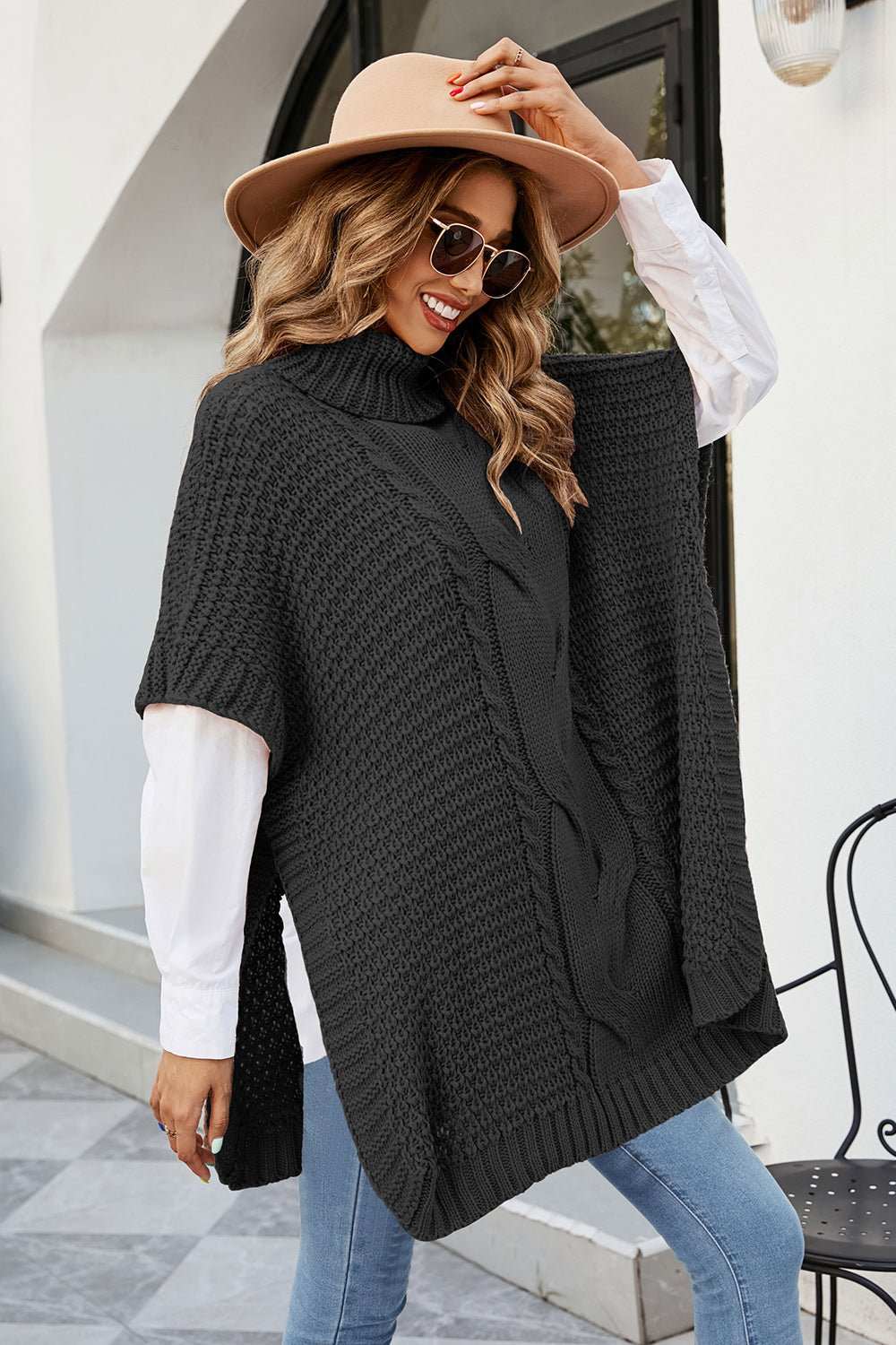 Cable - Knit Turtleneck Slit Sweater - Primrose Signature Boutique