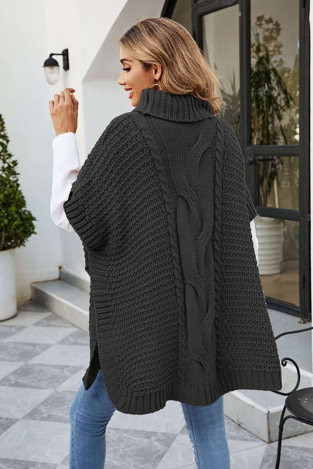 Cable - Knit Turtleneck Slit Sweater - Primrose Signature Boutique