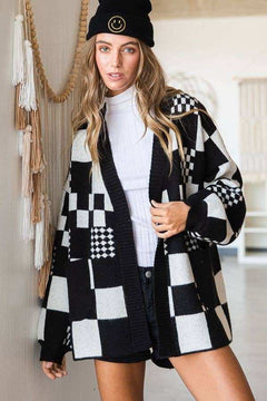 Checkered Color Block Open Midi Sweater with Pockets - Primrose Signature Boutique