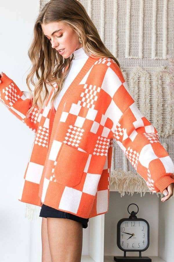 Checkered Color Block Open Midi Sweater with Pockets - Primrose Signature Boutique