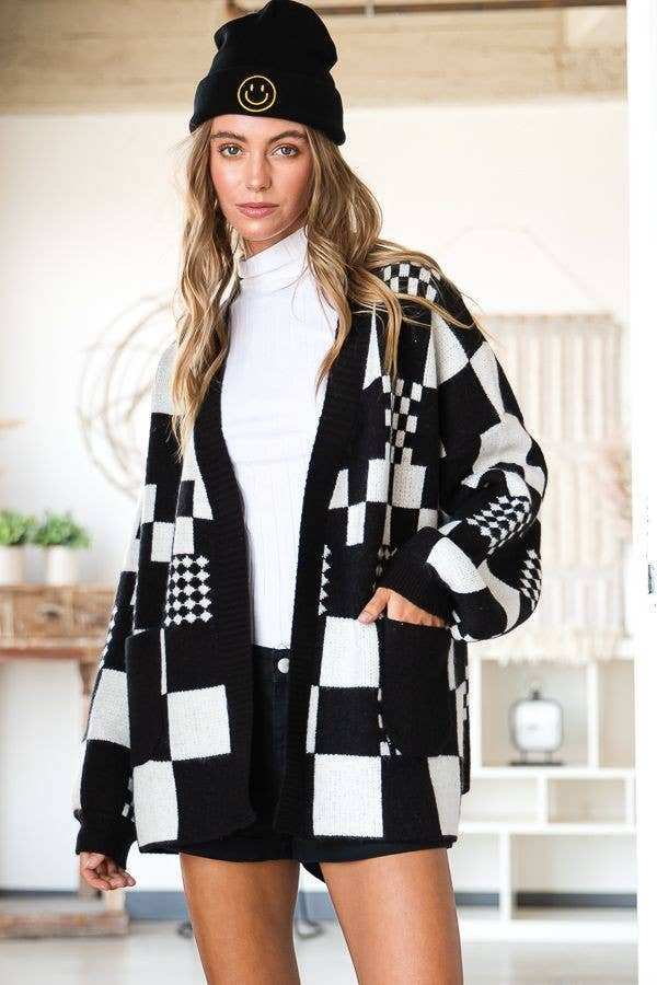 Checkered Color Block Open Midi Sweater with Pockets - Primrose Signature Boutique