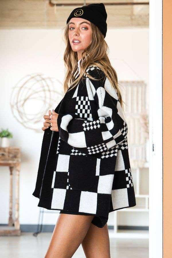 Checkered Color Block Open Midi Sweater with Pockets - Primrose Signature Boutique