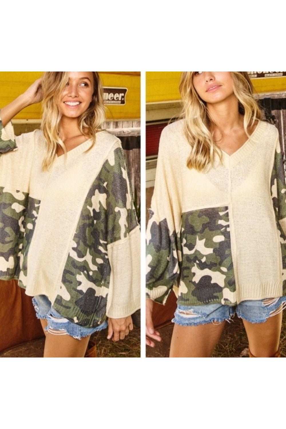 Chic Camouflage V Neck Sweater - Primrose Signature Boutique
