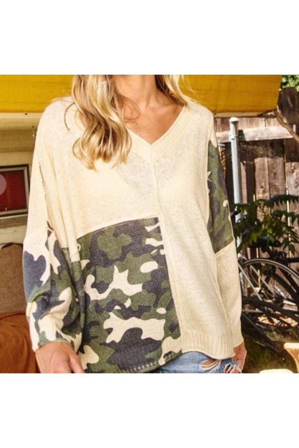 Chic Camouflage V Neck Sweater - Primrose Signature Boutique