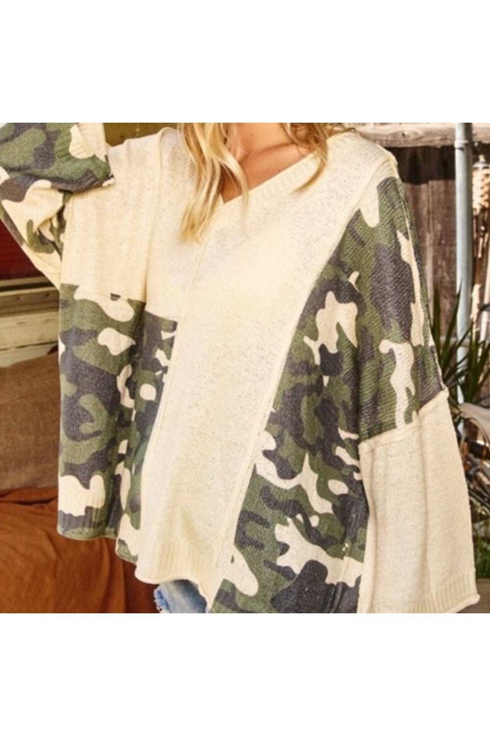 Chic Camouflage V Neck Sweater - Primrose Signature Boutique