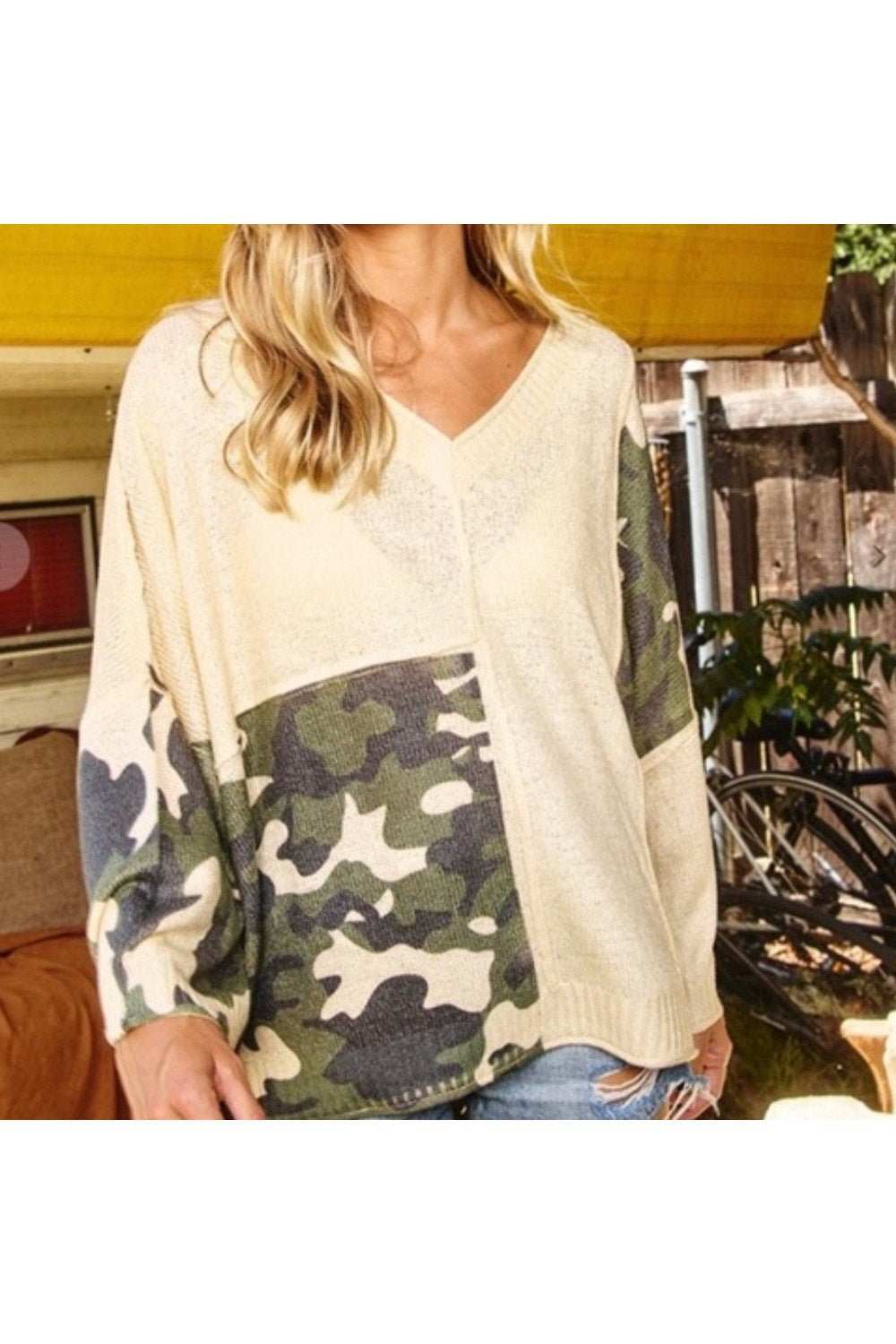 Chic Camouflage V Neck Sweater - Primrose Signature Boutique