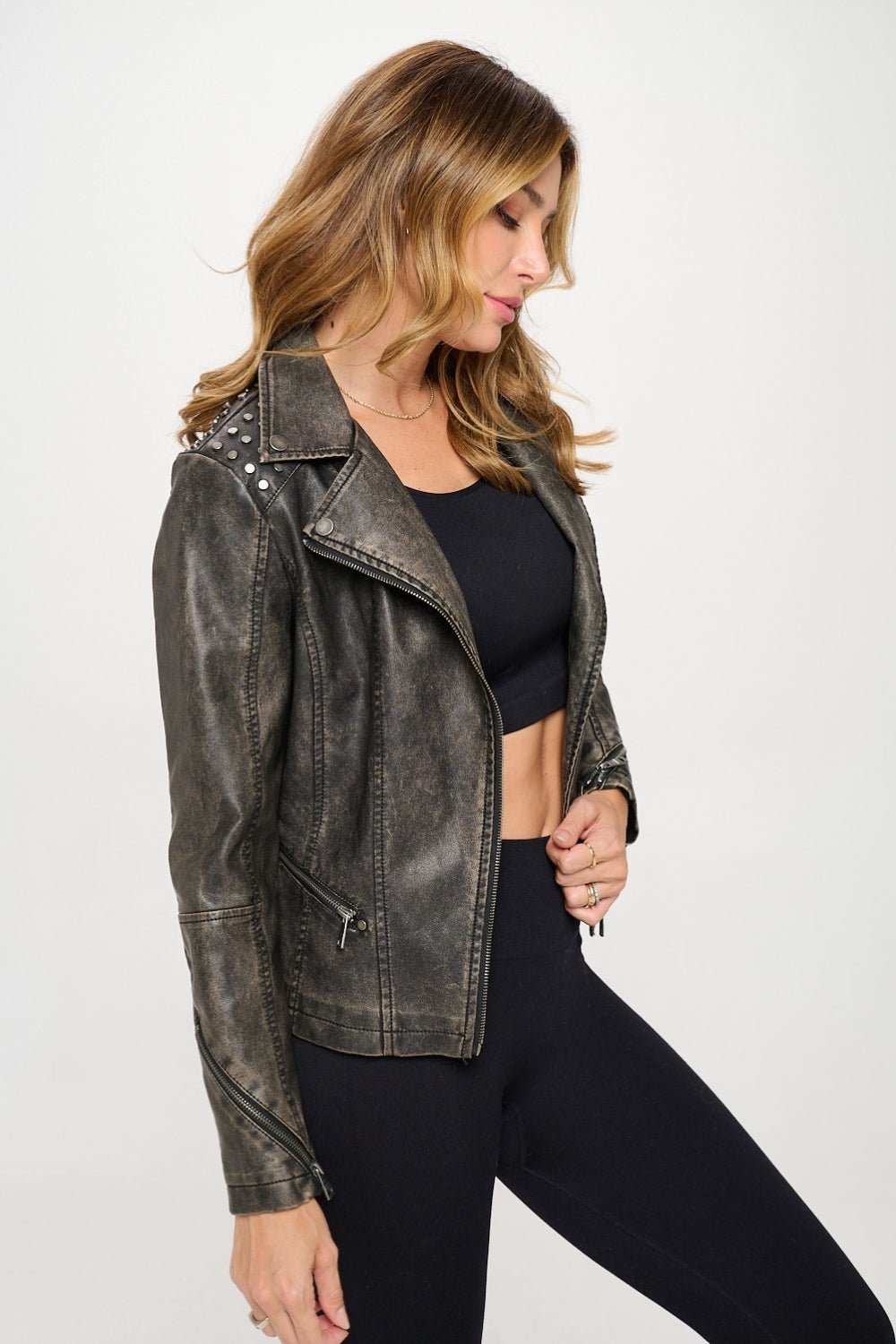 Coalition LA Studded Classic Moto Faux Leather Jacket - Primrose Signature Boutique