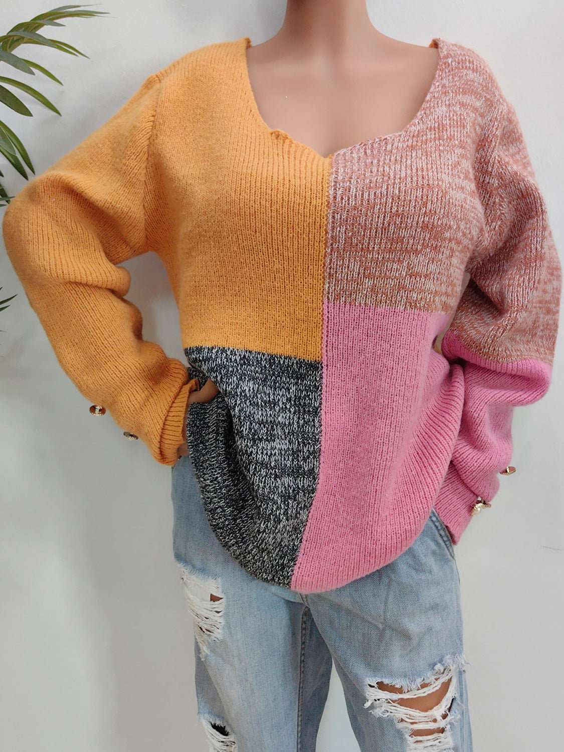 Color Block Decorative Button Long Sleeve Sweater - Primrose Signature Boutique
