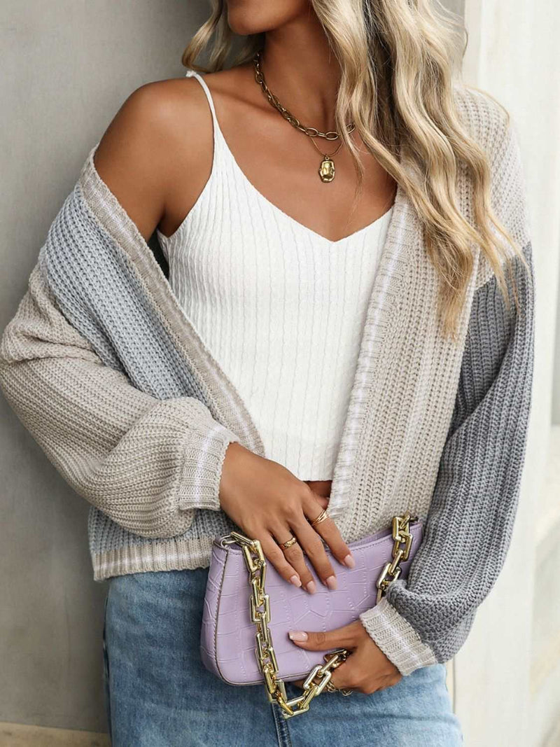 Contrast Open Front Long Sleeve Cardigan-zoom-